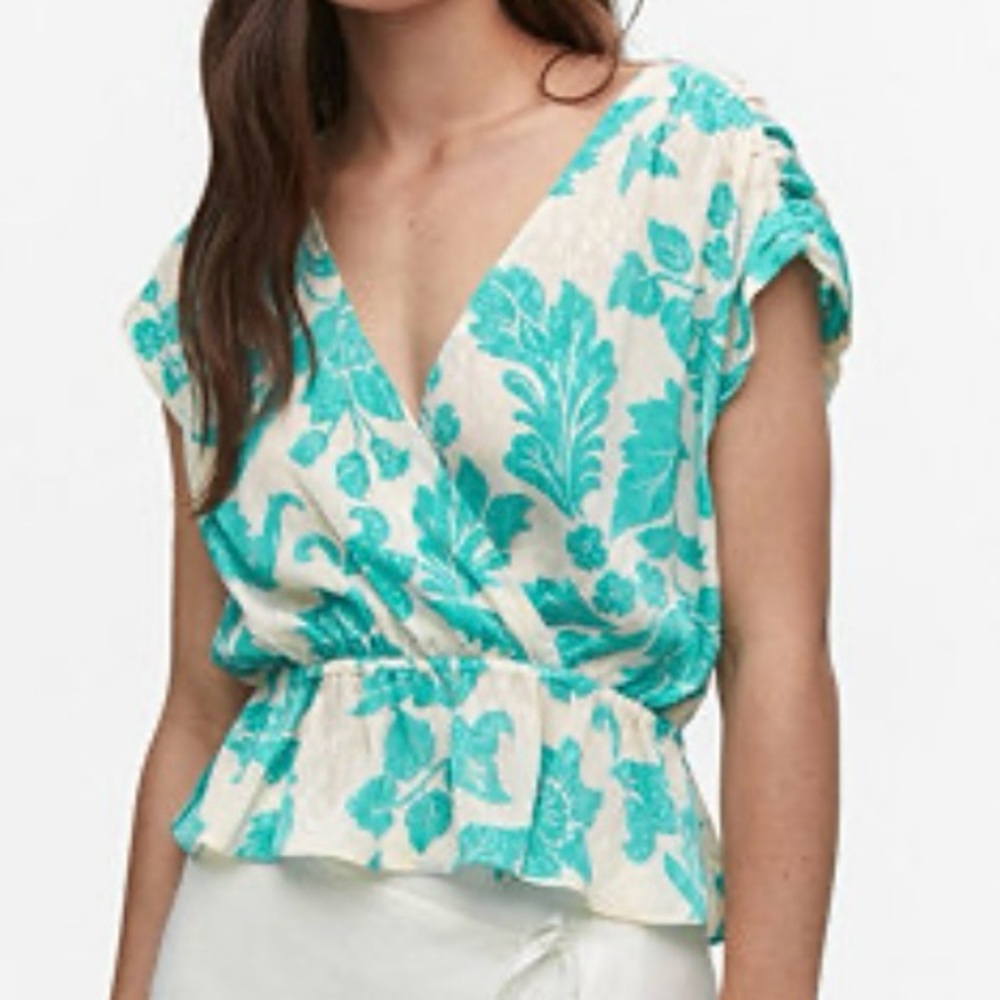 Mango Wrap Floral Blouse Size Large NWT Turquoise Ivory